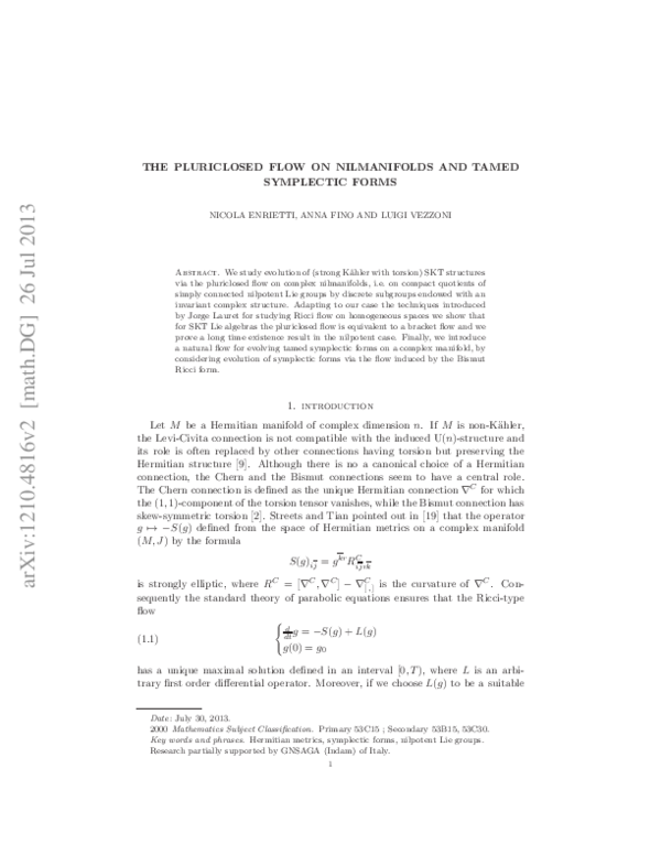 (PDF) The Pluriclosed Flow on Nilmanifolds and Tamed Symplectic Forms
