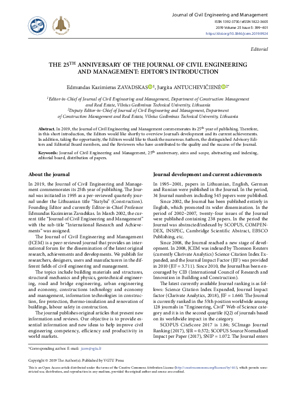 (PDF) The 25TH Anniversary of the Journal of Civil Engineering and ...