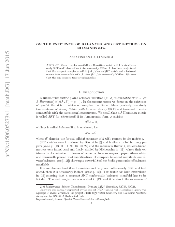 (PDF) On the existence of balanced and SKT metrics on nilmanifolds