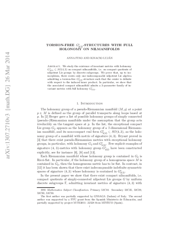 (PDF) Torsion-free G*2(2)-structures with full holonomy on nilmanifolds
