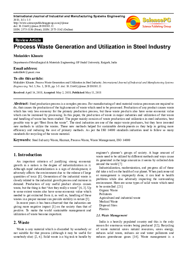 (PDF) Process Waste Generation and Utilization in Steel Industry