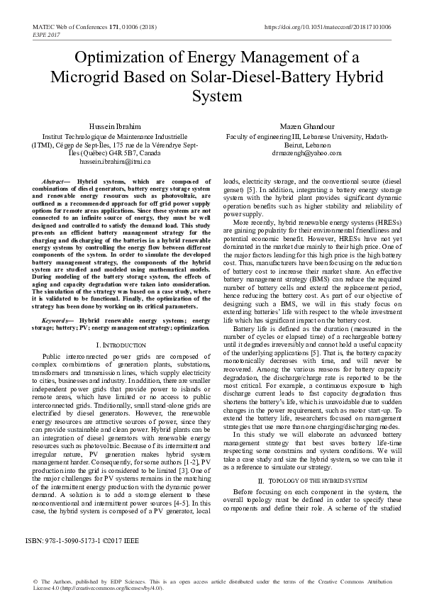 (PDF) Optimization of Energy Management of a Microgrid Based on Solar ...