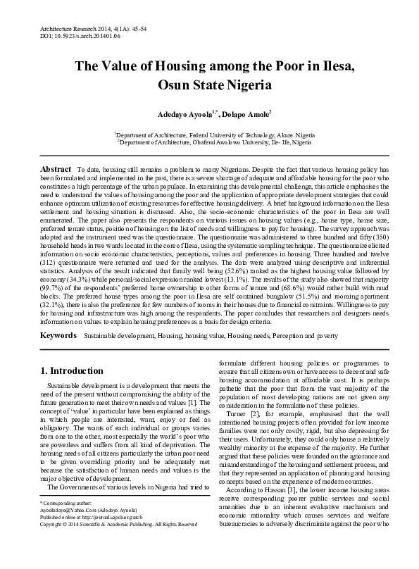 (PDF) The Value of Housing among the Poor in Ilesa, Osun State Nigeria