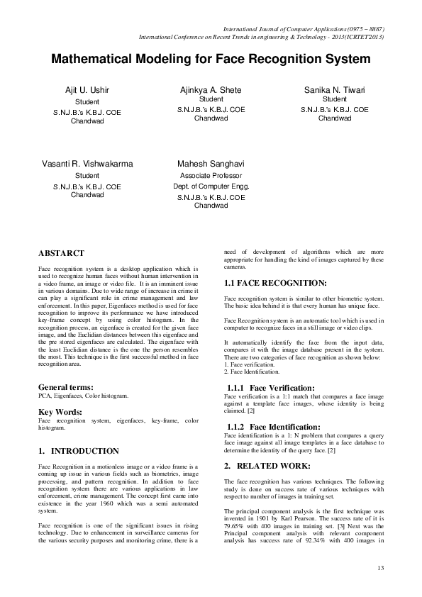 (PDF) Mathematical Modeling for Face Recognition system