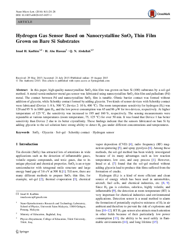 (PDF) Hydrogen Gas Sensor Based on Nanocrystalline SnO2 Thin Film Grown ...