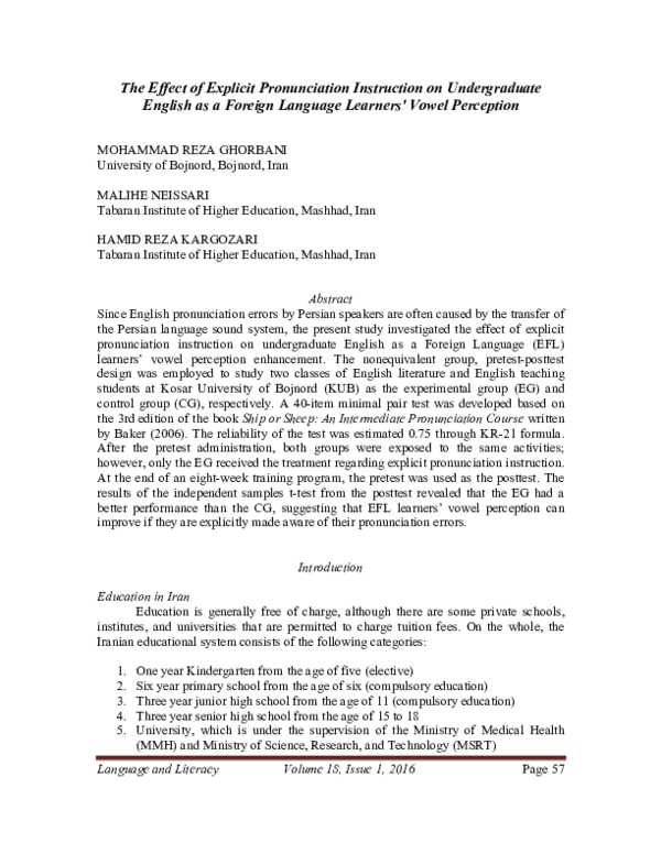 (PDF) The Effect of Explicit Pronunciation Instruction on Undergraduate ...