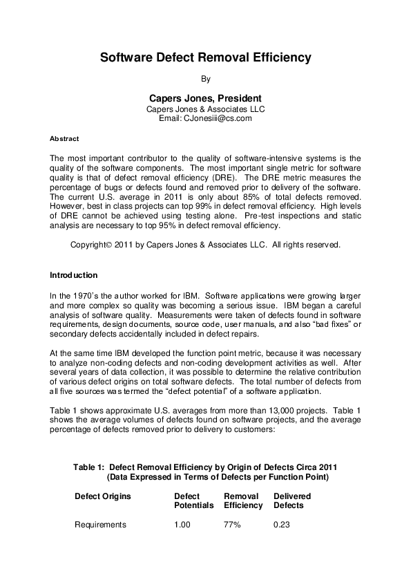 (PDF) Software defectremoval efficiency Capers Jones Academia.edu