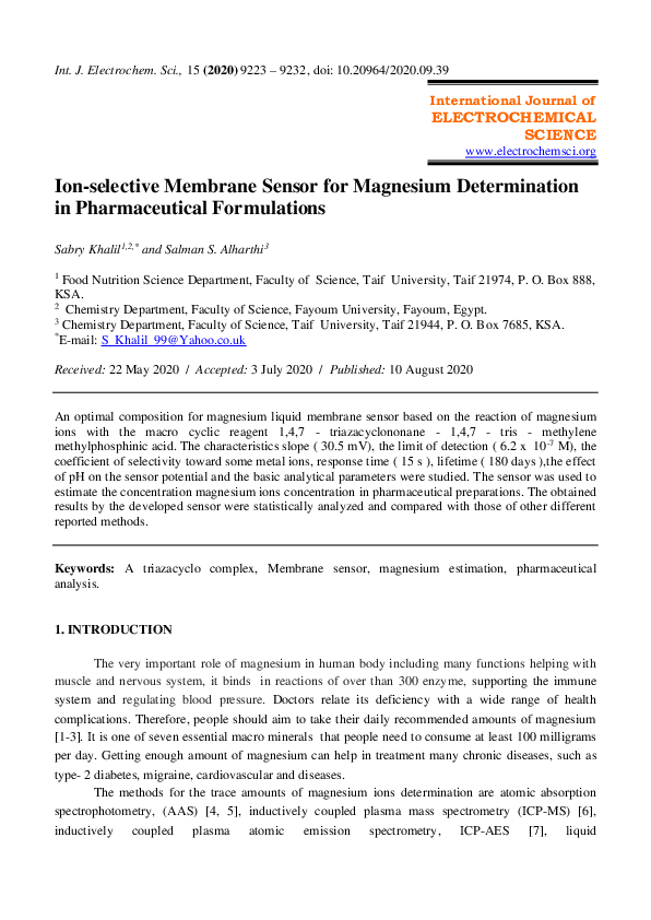(PDF) Ion-selective Membrane Sensor for Magnesium Determination in ...