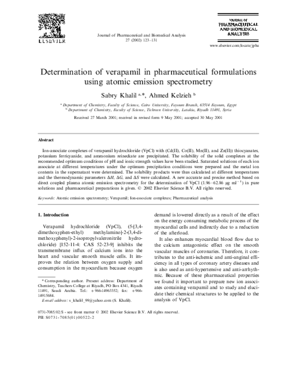 (PDF) Determination of verapamil in pharmaceutical formulations using