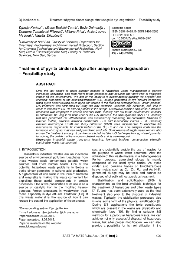 (PDF) Treatment of pyrite cinder sludge after usage in dye degradation ...