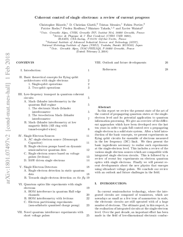 (PDF) Coherent control of single electrons: a review of current progress