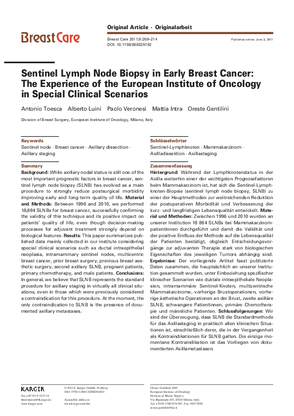 (PDF) Sentinel Lymph Node Biopsy in Early Breast Cancer: The Experience ...