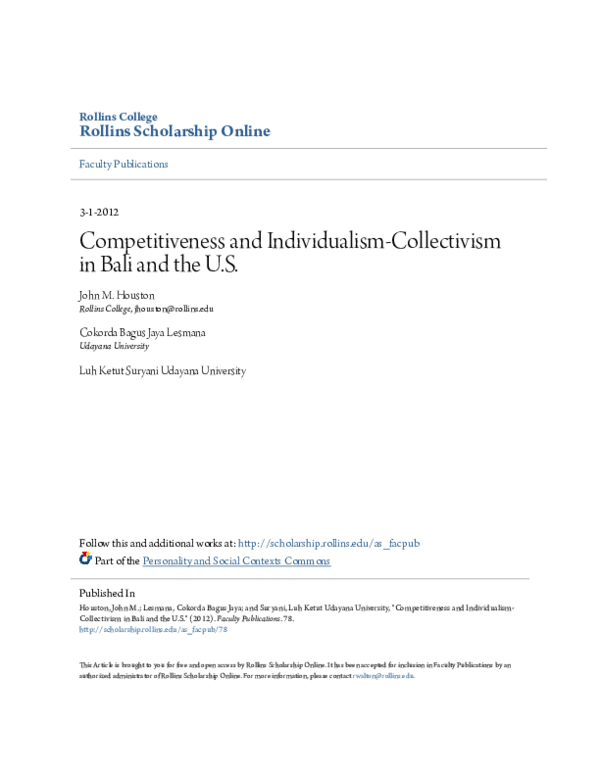 (PDF) Competitiveness and Individualism-Collectivism in Bali and the U.S