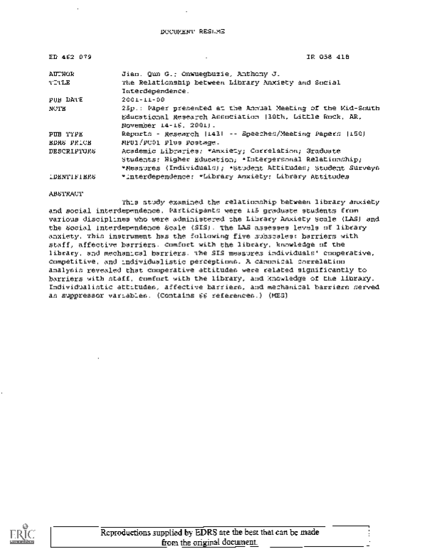 (PDF) The Relationship between Library Anxiety and Social Interdependence
