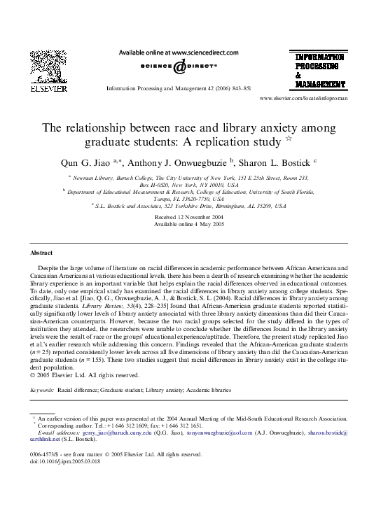 (PDF) The relationship between race and library anxiety among graduate ...