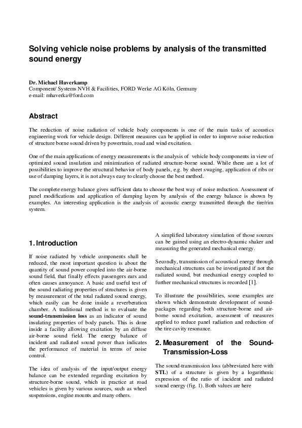 (PDF) Solving vehicle noise problems by analysis of the transmitted ...