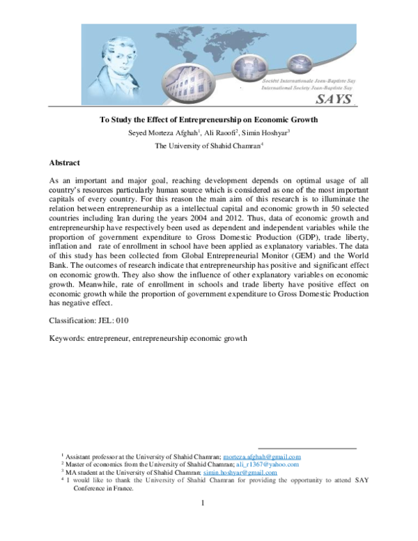 (PDF) A study on the effect of entrepreneurship on economic growth