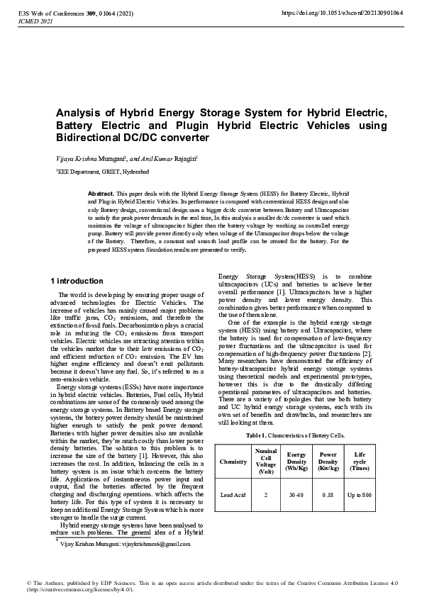 (PDF) Analysis of Hybrid Energy Storage System for Hybrid Electric ...