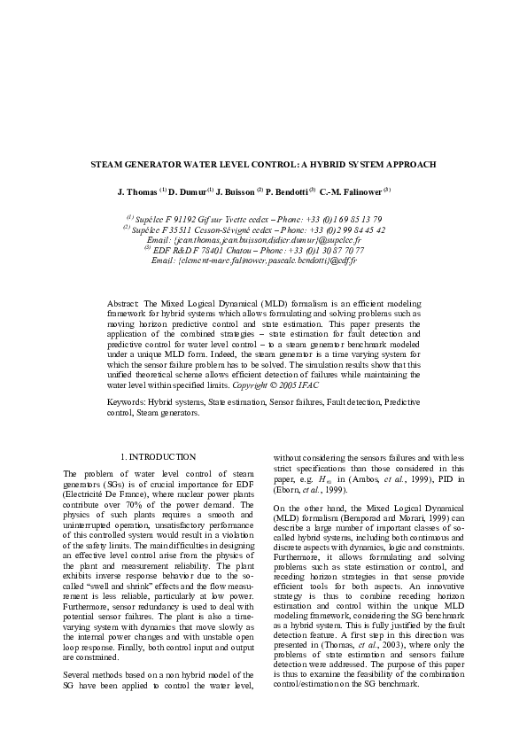 (PDF) Steam generator water level control A hybrid system approach Jean Thomas Academia.edu