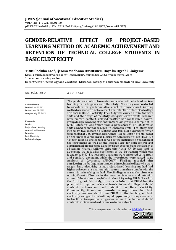 (PDF) Gender-Relative Effect of Project-Based Learning Method on ...