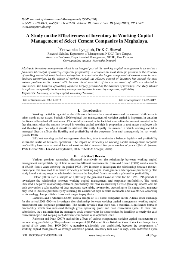 (PDF) A Study on the Effectiveness of Inventory in Working Capital ...