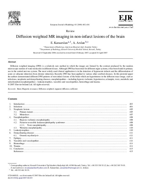 (PDF) Diffusion weighted MR imaging in non-infarct lesions of the brain