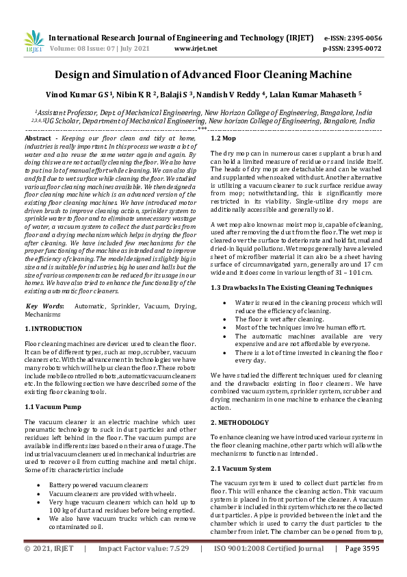 (PDF) IRJET Design and Simulation of Advanced Floor Cleaning Machine