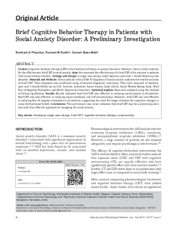 (PDF) Brief cognitive behavior therapy in patients with social anxiety ...
