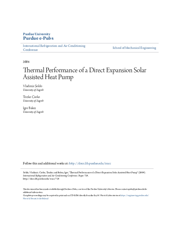 (PDF) Thermal Performance of a Direct Expansion Solar Assisted Heat Pump