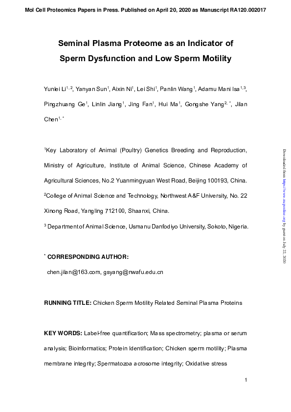 (PDF) Seminal Plasma Proteome as an Indicator of Sperm Dysfunction and ...