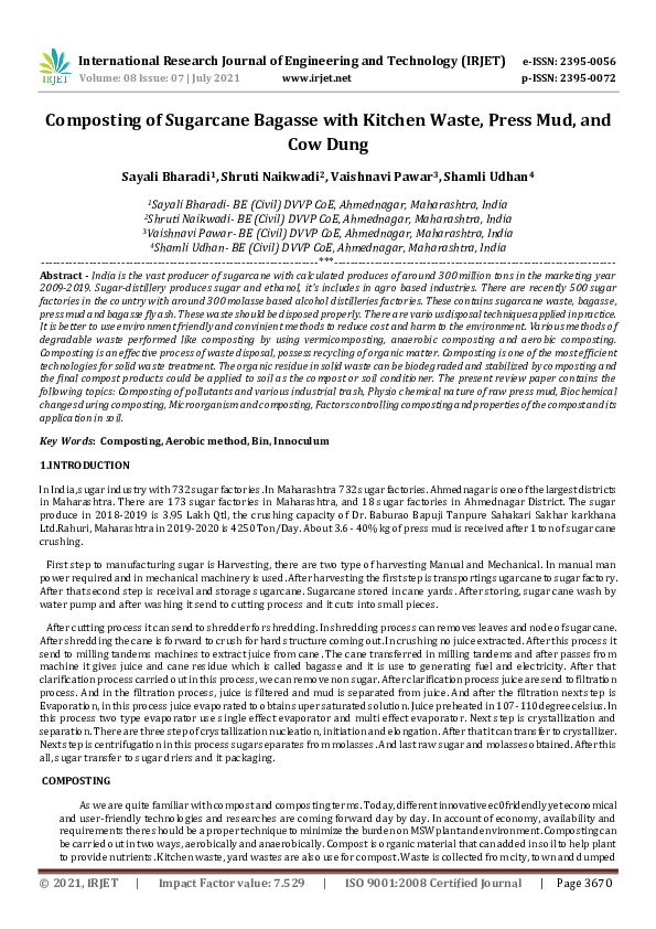 (PDF) Composting of Sugarcane Bagasse with Kitchen Waste, Press Mud