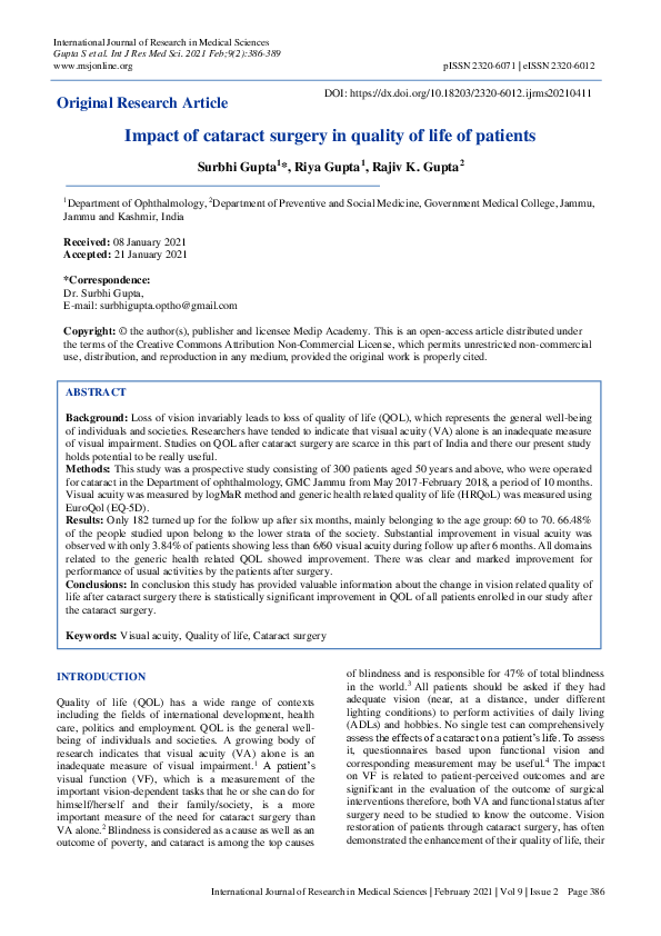 (PDF) Impact of cataract surgery in quality of life of patients