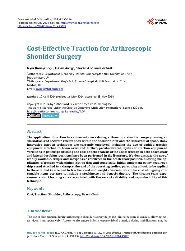 (PDF) CostEffective Traction for Arthroscopic Shoulder Surgery Ravi Kumar Ray Academia.edu
