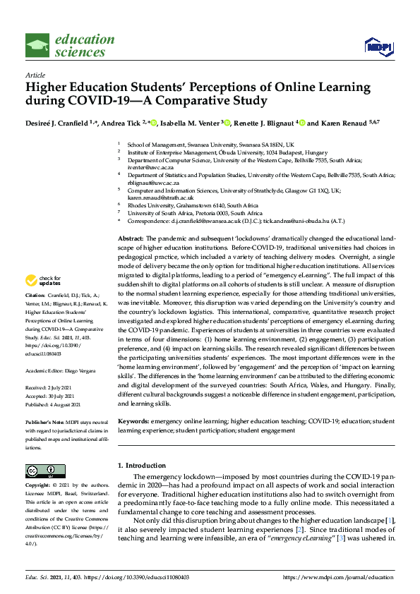 (PDF) Higher Education Students’ Perceptions of Online Learning during ...