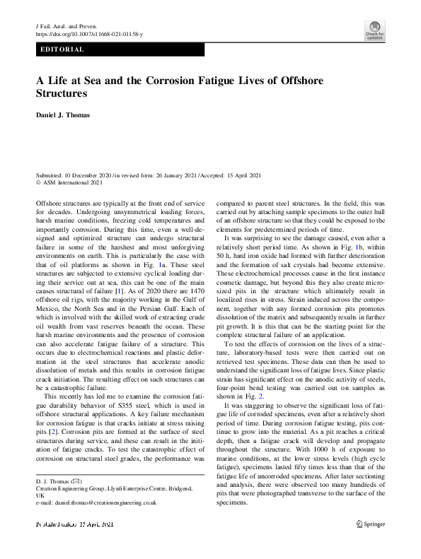 (PDF) A Life at Sea and the Corrosion Fatigue Lives of Offshore Structures
