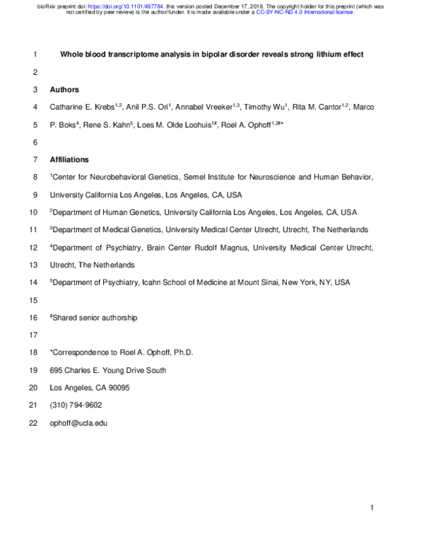 (PDF) Whole blood transcriptome analysis in bipolar disorder reveals ...