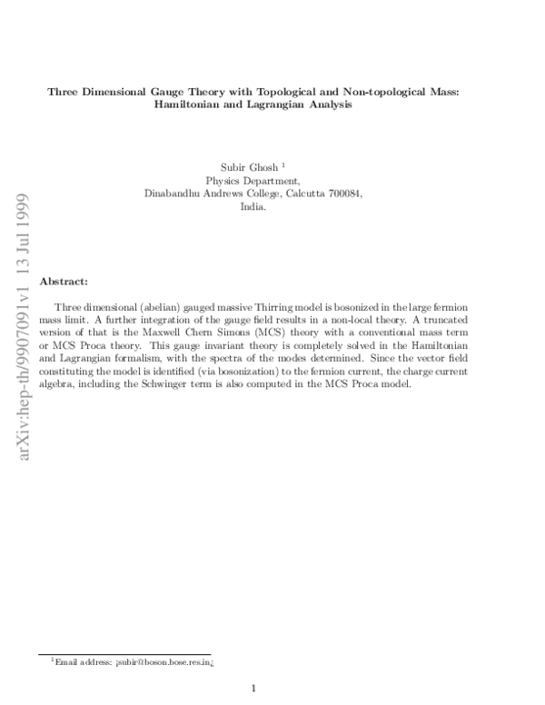 (PDF) Three Dimensional Gauge Theory with Topological and Non