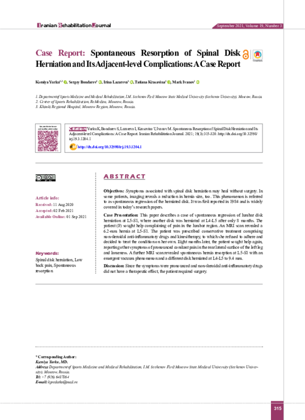 (PDF) Spontaneous Resorption of Spinal Disk Herniation and Its Adjacent