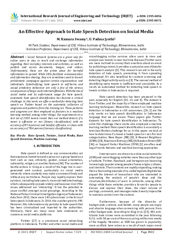 (PDF) IRJET- An Effective Approach to Hate Speech Detection on Social Media