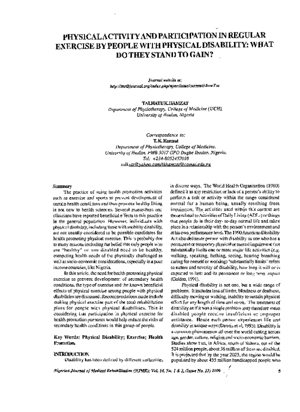 (PDF) Physical Activity and Participation in Regular Exercise by People ...