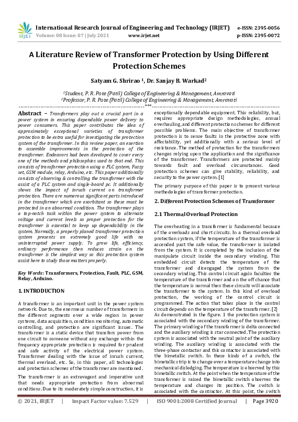  PDF A Literature Review Of Transformer Protection By Using Different Protection Schemes 