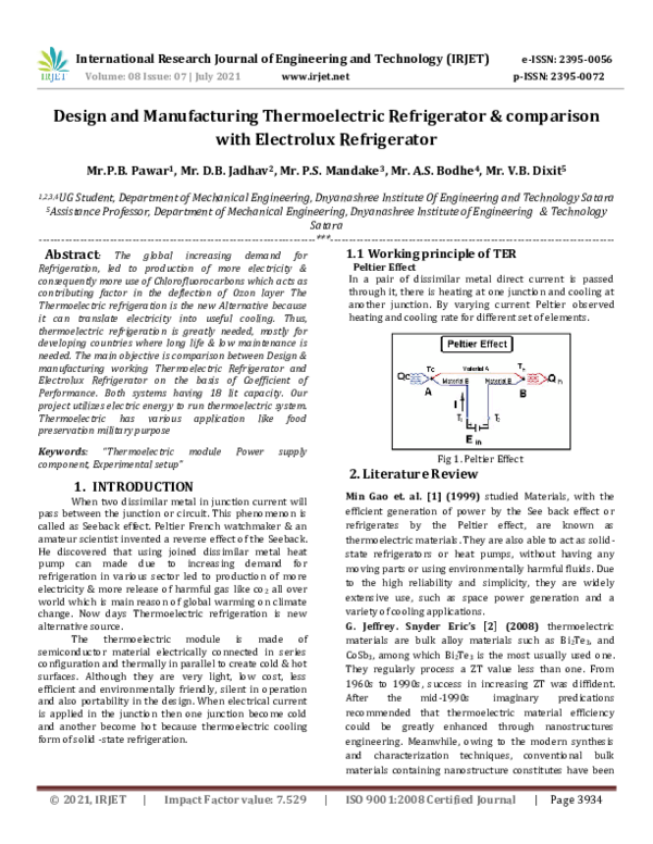 (PDF) Design and Manufacturing Thermoelectric Refrigerator & comparison