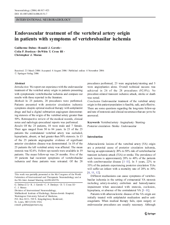 (PDF) Endovascular treatment of the vertebral artery origin in patients ...