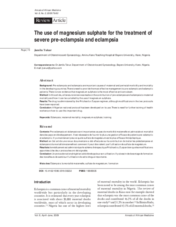 (PDF) The use of magnesium sulphate for the treatment of severe preeclampsia and eclampsia J