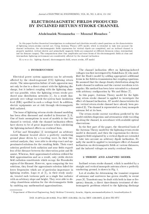 (PDF) Electromagnetic Fields Produced by Inclined Return Stroke Channel