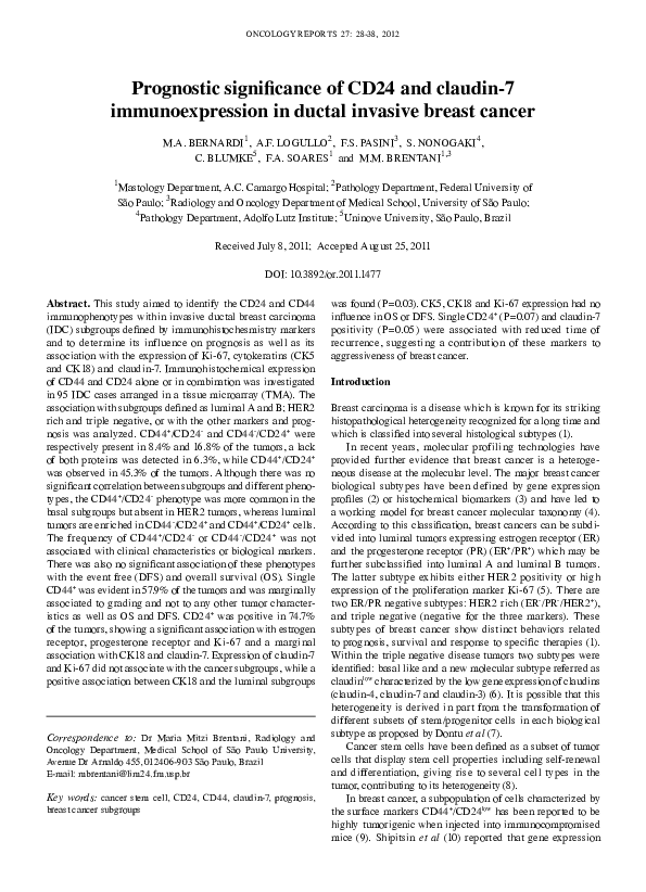 (PDF) Prognostic significance of CD24 and claudin-7 immunoexpression in ...
