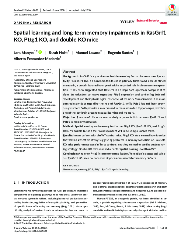 (PDF) Spatial learning and long-term memory impairments in RasGrf1 KO ...