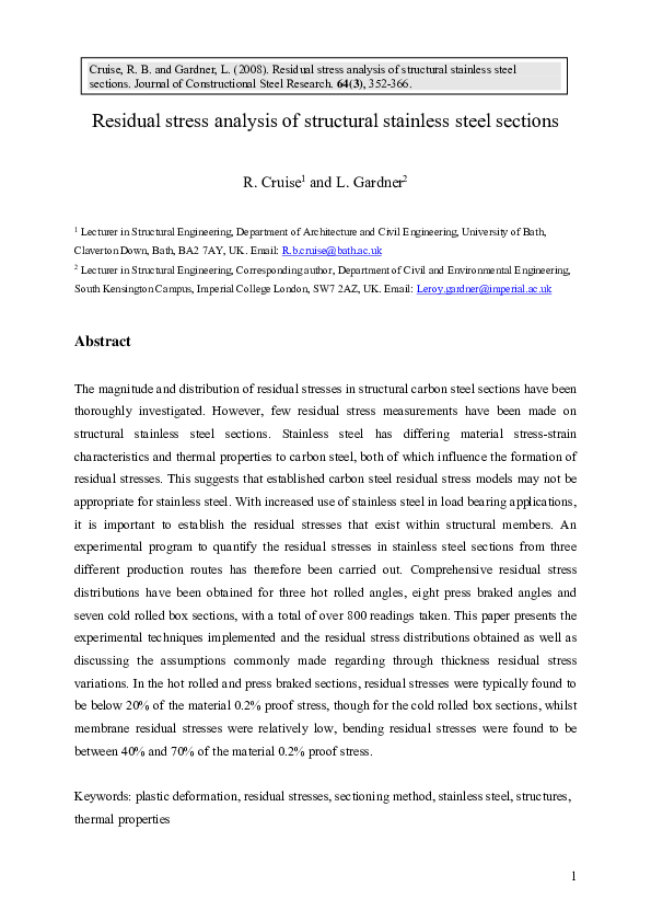 (PDF) Residual stress analysis of structural stainless steel sections
