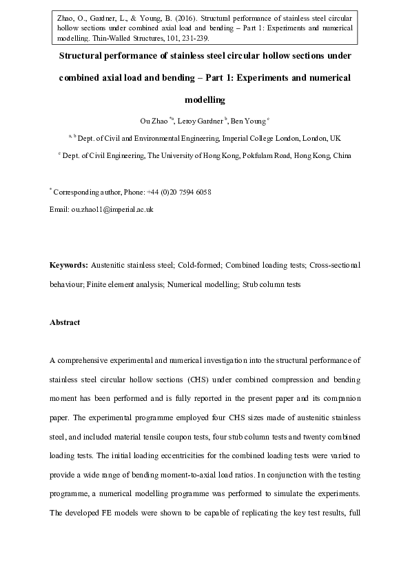 (PDF) Structural performance of stainless steel circular hollow ...