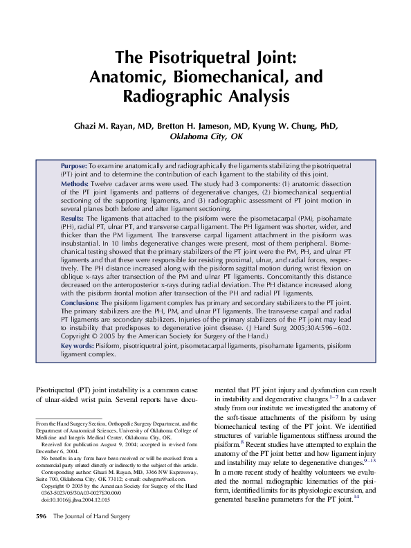 (PDF) The Pisotriquetral Joint Anatomic, Biomechanical, and Radiographic Analysis Bretton